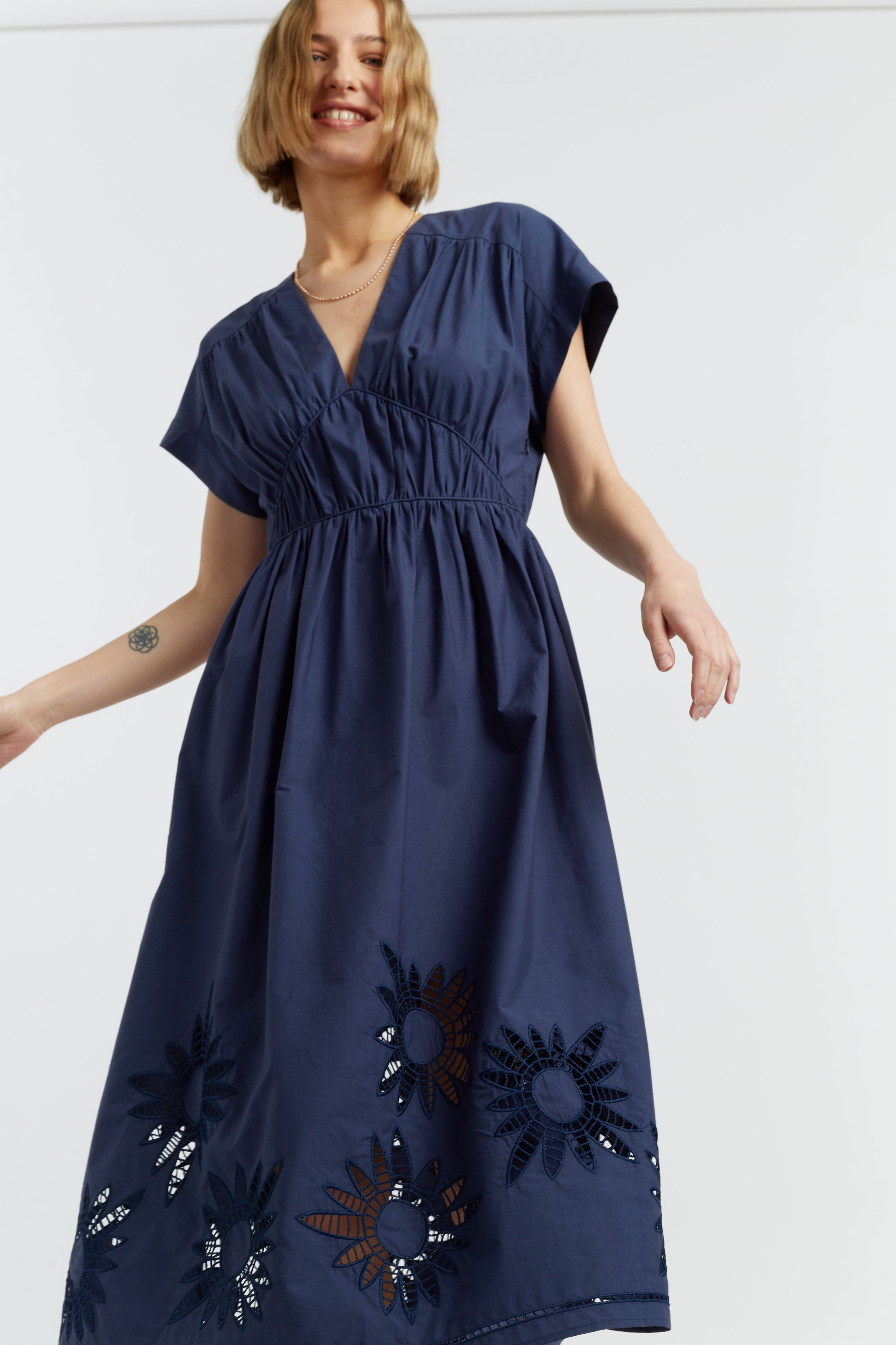 Navy Cotton-Lyocell Broderie Dress