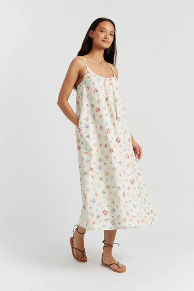Woman wearing a floral dress on a white background