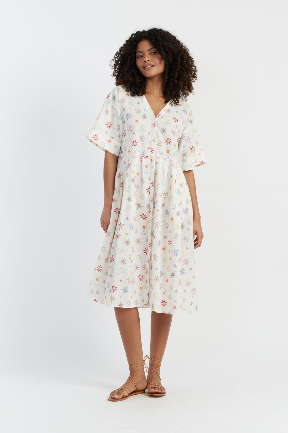 Cream Linen-Cotton Etoile V-Neck Sundress
