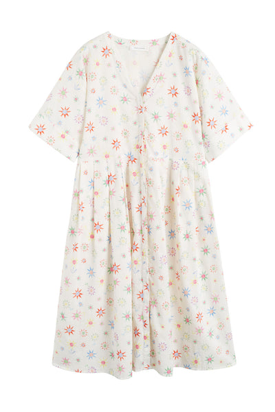 Cream Linen-Cotton Etoile V-Neck Sundress