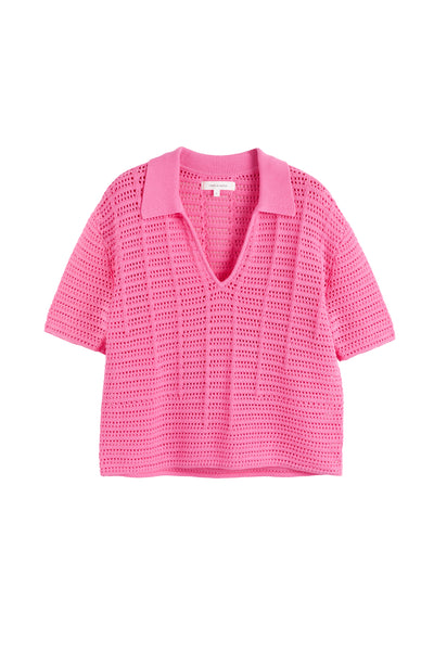 Pink crochet top on a white background