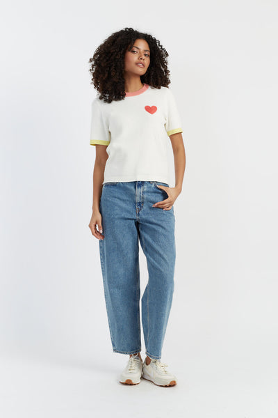 Cream Cotton Heart Breton Crochet T-Shirt