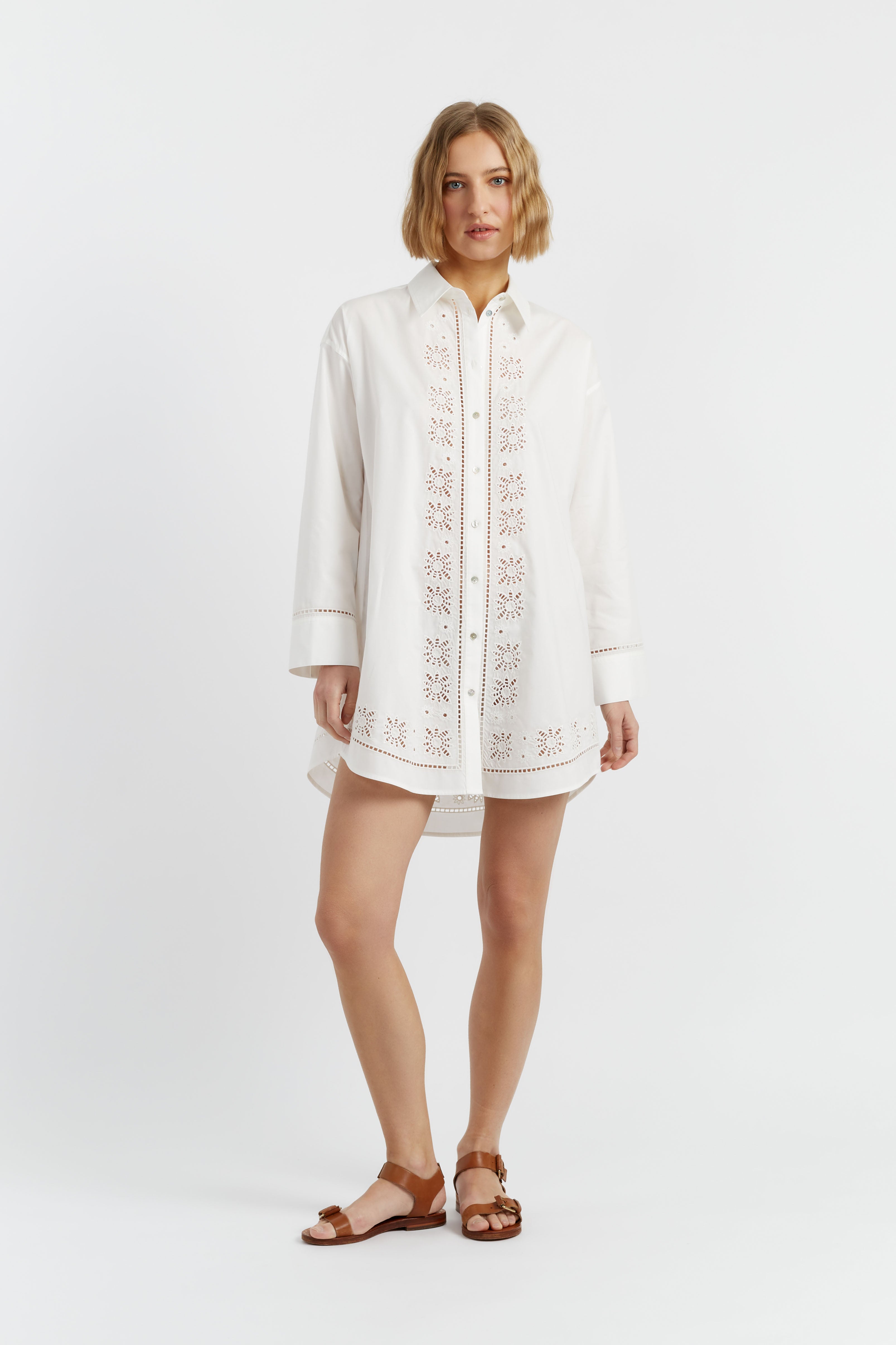 Cream Cotton-Lyocell Broderie Shirt Dress