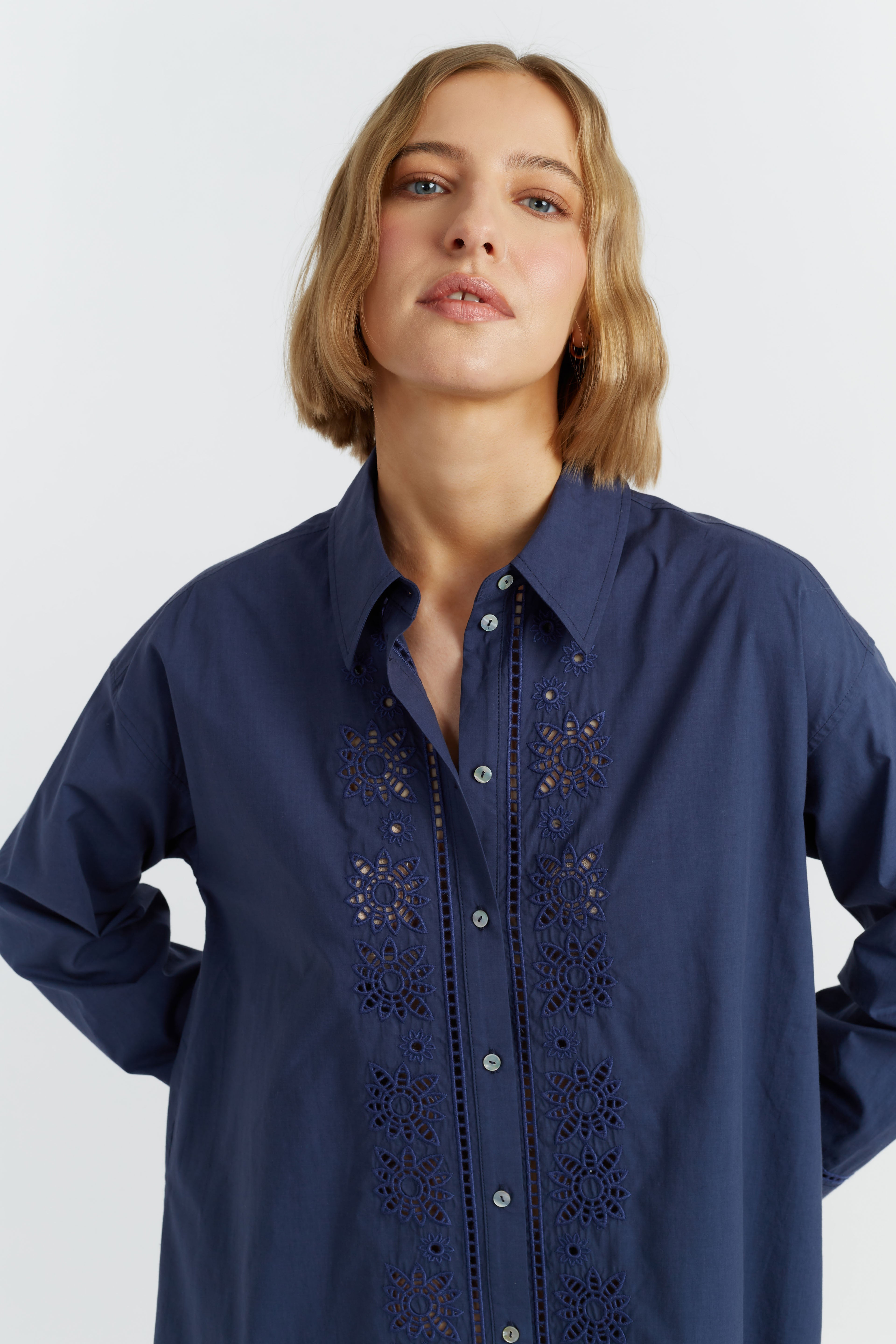 Navy Cotton-Lyocell Broderie Shirt Dress