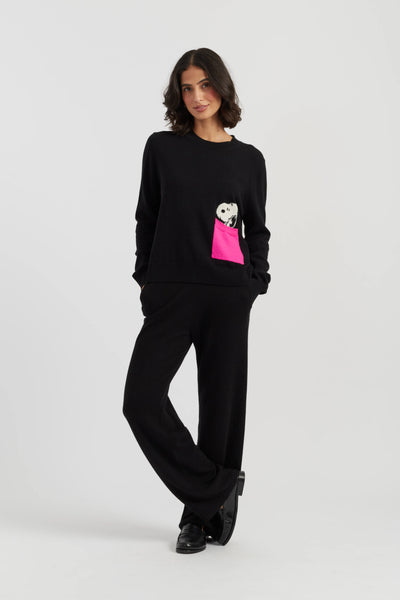 Black Wool-Cashmere Peek Pocket Snoopy Sweater