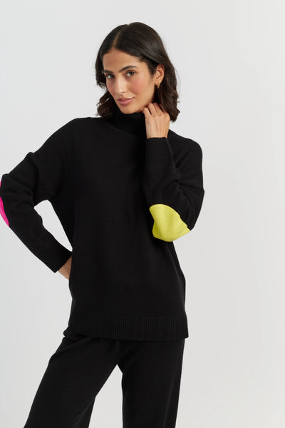 Black Wool-Cashmere Elbow Patch Rollneck Sweater