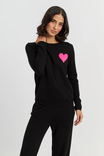 Black Wool-Cashmere Heart Breton Sweater