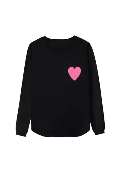 Black Wool-Cashmere Heart Breton Sweater
