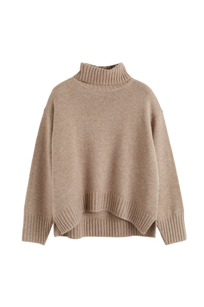 Warm-Oatmeal Pure Cashmere Relaxed Rollneck Sweater