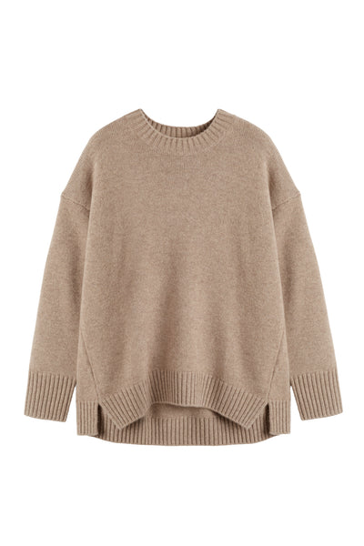 Warm-Oatmeal Pure Cashmere Crew Neck Sweater