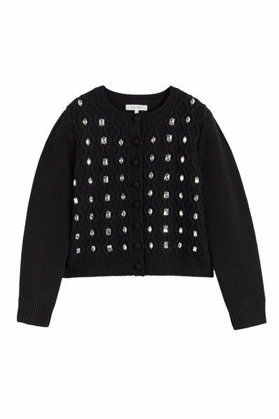 Black Pure Merino Jewelled Cable Cardigan