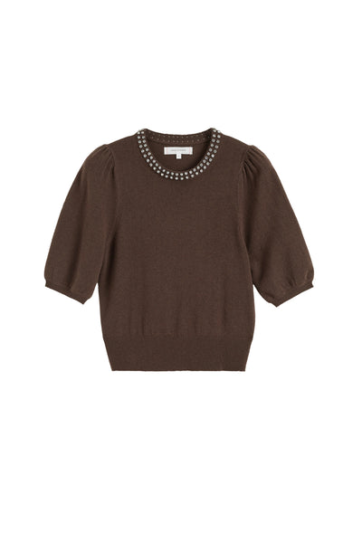 Chocolate Wool-Cashmere Jewel-Neck Knitted Tee