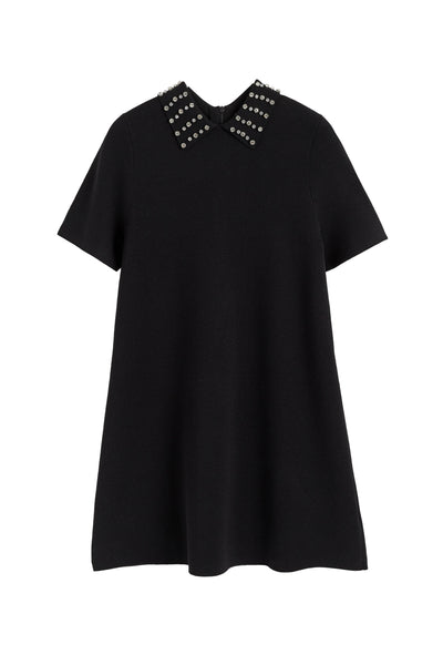 Black Pure Merino Jewelled Collar Dress
