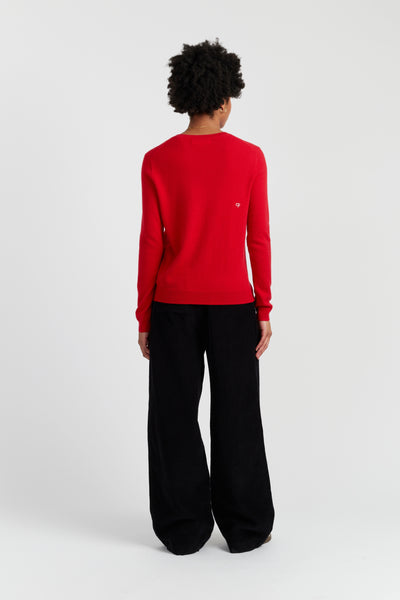 Person wearing a red sweater and black pants on a white background