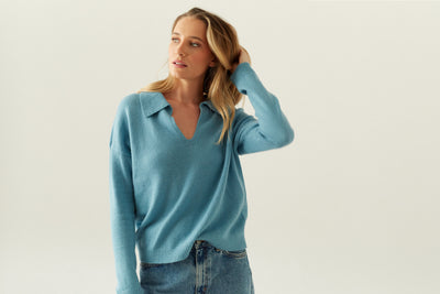 Sky-Blue Cloud Cashmere Collared Sweater