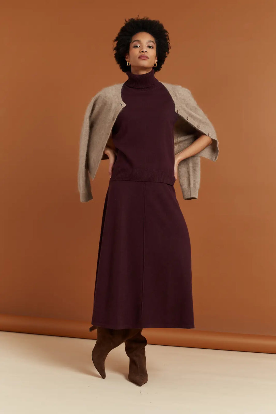 Aubergine Wool-Cashmere Midi Skirt