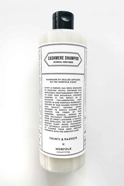 Bottle of Cashmere Shampoo by Chinti & Parker on a white background