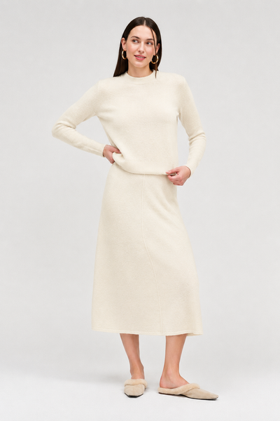 Cream Wool-Cashmere Midi Skirt