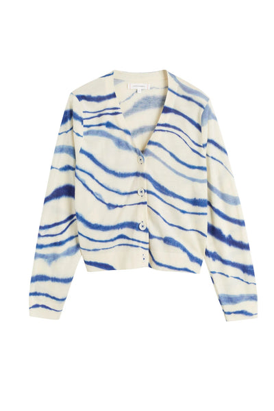 Cardigan with blue and white abstract pattern on a white background