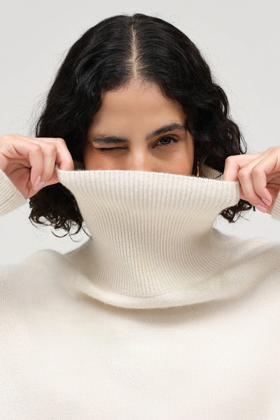 Cream Pure Cashmere Rollneck Sweater