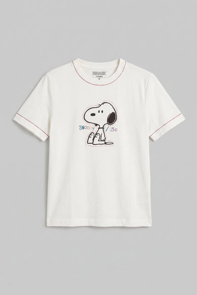 Cream Cotton Snoopy Embroidered T-Shirt