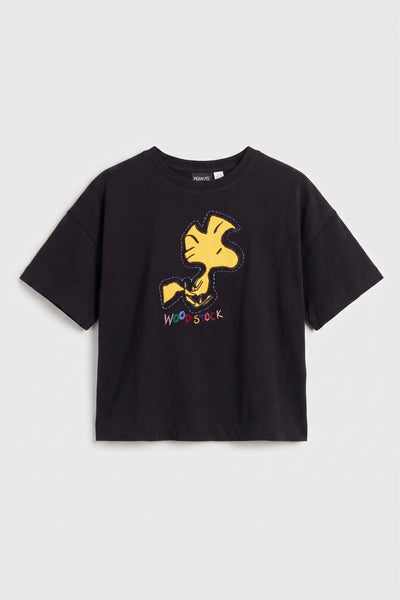 Black Cotton Woodstock Embroidered T-Shirt