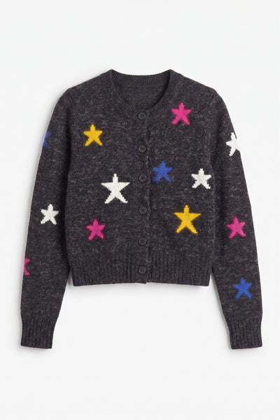 Black Wool-Cashmere Star Round-neck Cardigan