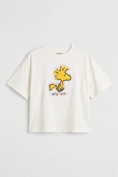 Cream Cotton Woodstock Embroidered T-Shirt