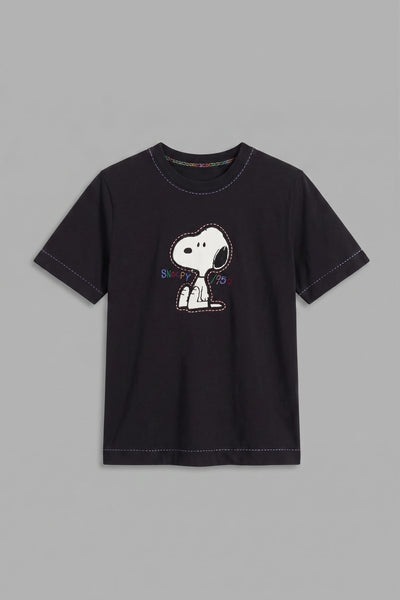 Black Cotton Snoopy Embroidered T-Shirt
