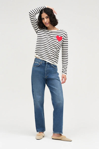 Cream-Navy Breton Heart Wool-Cashmere Sweater