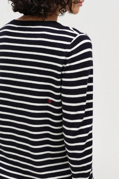 Navy-Cream Breton Heart Wool-Cashmere Sweater