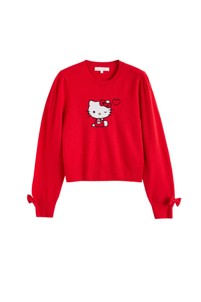 Red sweatshirt with a Hello Kitty graphic on a white background