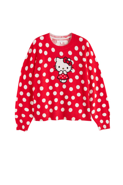 Red polka dot sweater with a cartoon character on a white background