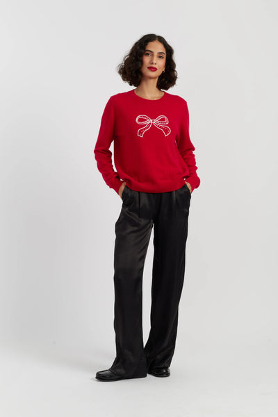 Red Wool-Cashmere Bow Embroidered Sweater