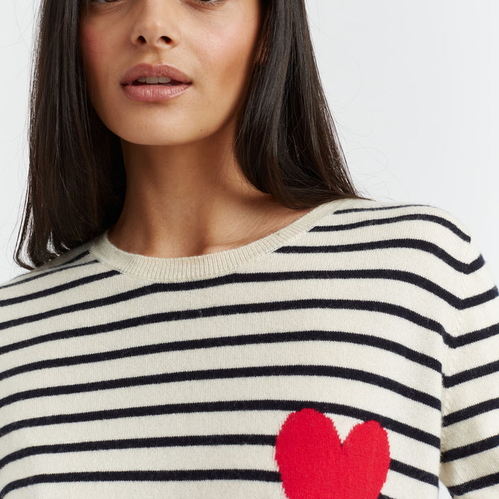 Cream-Navy Breton Heart Wool-Cashmere Sweater Chinti Parker UK