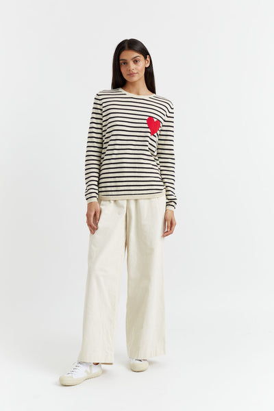 Cream-Navy Breton Heart Wool-Cashmere Sweater