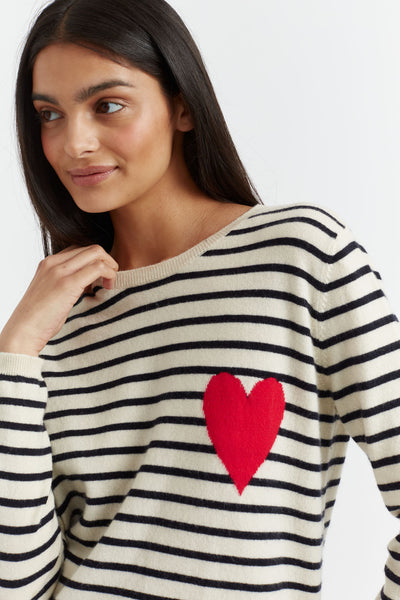 Cream-Navy Breton Heart Wool-Cashmere Sweater