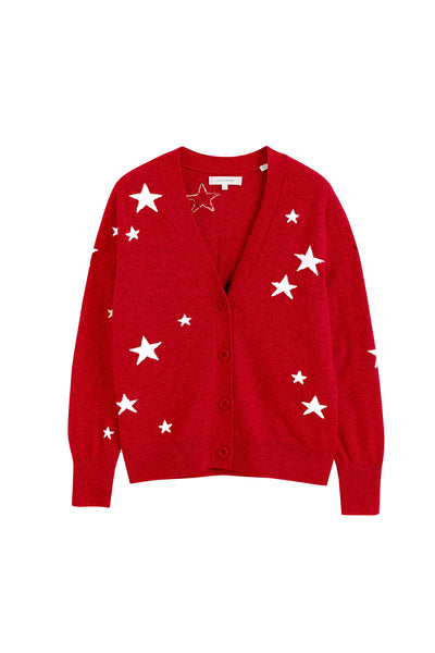 Red cardigan with white star patterns on a white background