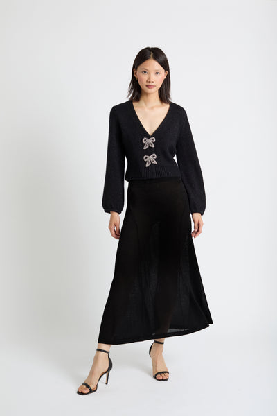 Black Wool-Cashmere Embellished Bow Cardigan