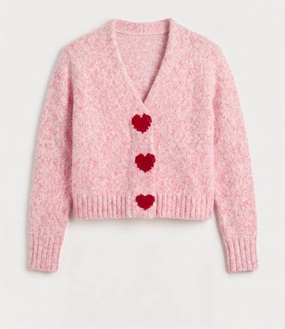 Salmon-Melange Merino Heart Cardigan