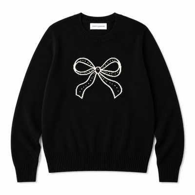 Black Wool-Cashmere Bow Embroidered Sweater