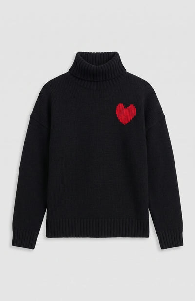 Black-Melange Merino Heart Rollneck Sweater