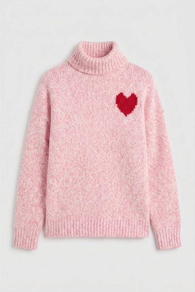 Salmon-Melange Merino Heart Rollneck Sweater