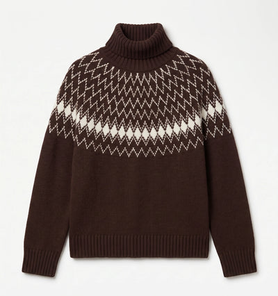 Chocolate Wool-Cashmere Fair Isle Rollneck Sweater