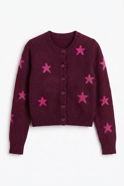 Aubergine Wool-Cashmere Star Round-neck Cardigan