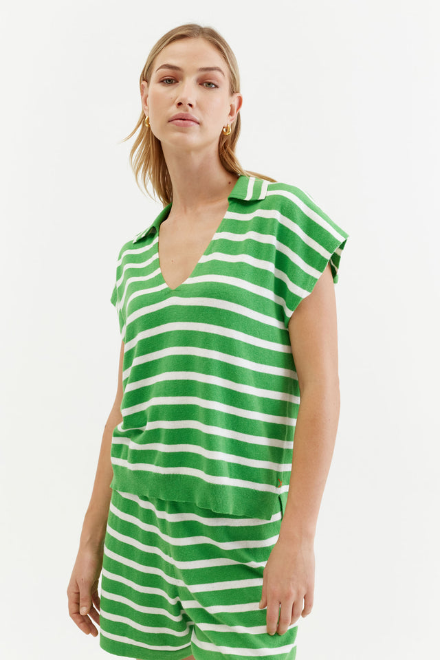 Green Cotton-Linen Breton Polo T-shirt image 1