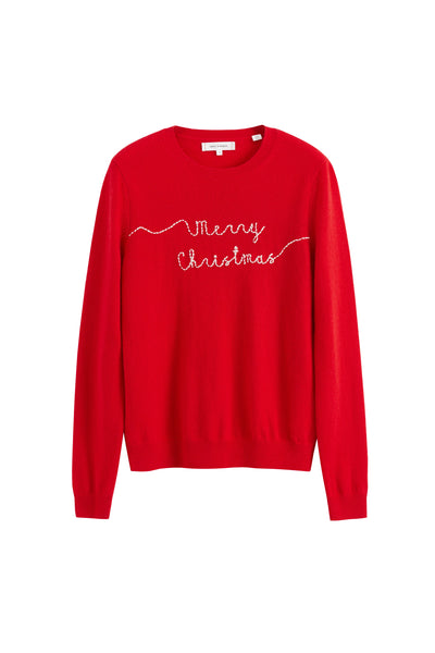 Red sweater with 'Merry Christmas' text on a white background