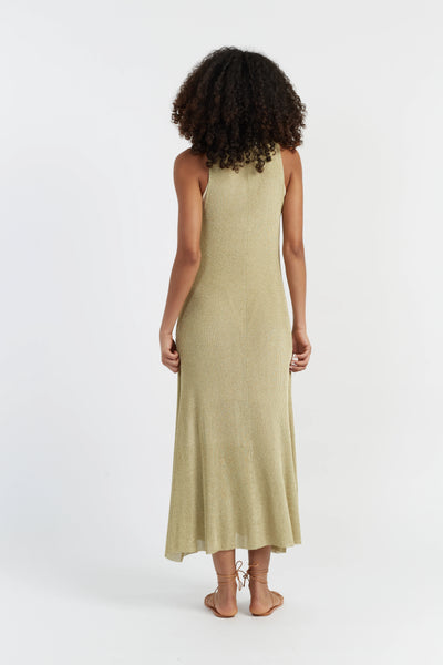 Woman wearing a long green dress on a white background