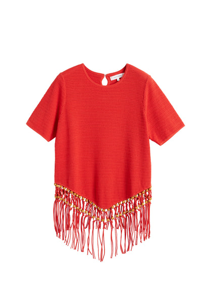 Red top with fringe details on a white background