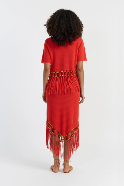Red dress with fringe details on a white background